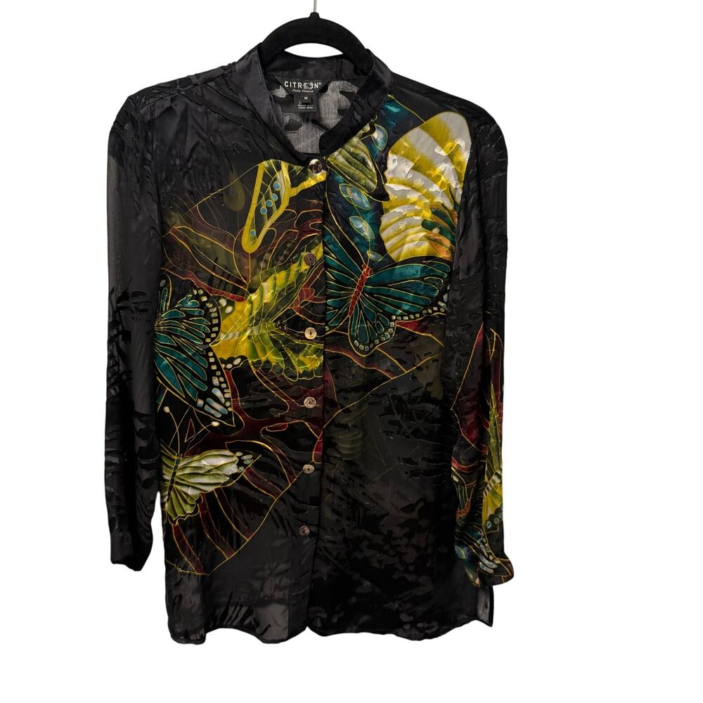 Citron Black Sheer Silk Blend Button Front Butterfly Print Top Womens Medium